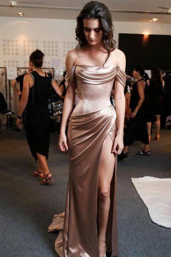 Off the Shoulder High Slit Prom Dress with Ruffles Mermaid Brown Long Formal Dress PW489