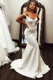 Off the Shoulder Mermaid Ivory Wedding Dresses, V Neck Simple Wedding Dresses W1040