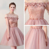 Short Sleeve Pink Beads Flowers Off the Shoulder Above Knee Lace up Homecoming Dress H1012