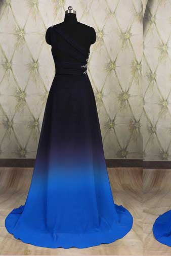 One Shoulder Ombre Black and Blue Ruffles Prom Dresses, Simple Cheap Party Dresses PW692