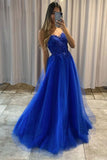 Elegant A Line Sleeveless Blue Tulle Floor length Prom Dress Evening Dress