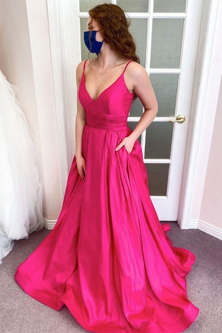 A Line Spaghetti Straps V-Neck Pink Long Prom Dress With Pockets