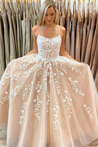 Modest A Line Sleeveless Appliques Champagne Tulle Prom Dress