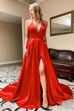 Shiny A Line Halter V-Neck High Slit Red Satin Prom Dress Evening Gowns