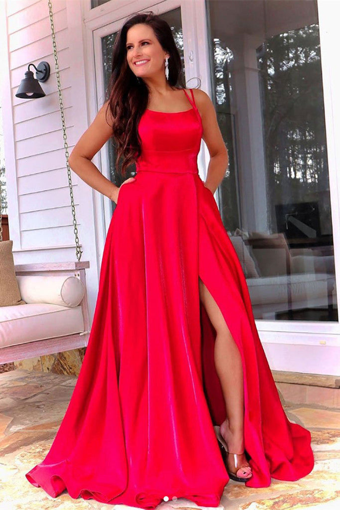 Shiny A Line High Slit Red Satin Prom Dress