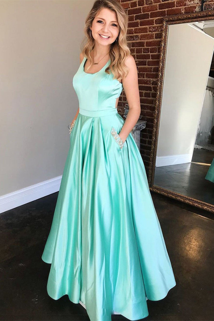 A Line Sleeveless Mint Green Satin Prom Dress With Pockets – PromDress ...