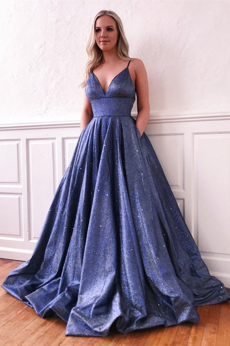 A Line V-Neck Sleeveless Long Prom Dresses Evening Gowns – PromDress.me.uk