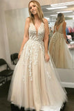 Elegant A-line V-Neck Appliques Champange Tulle Long Prom Dress