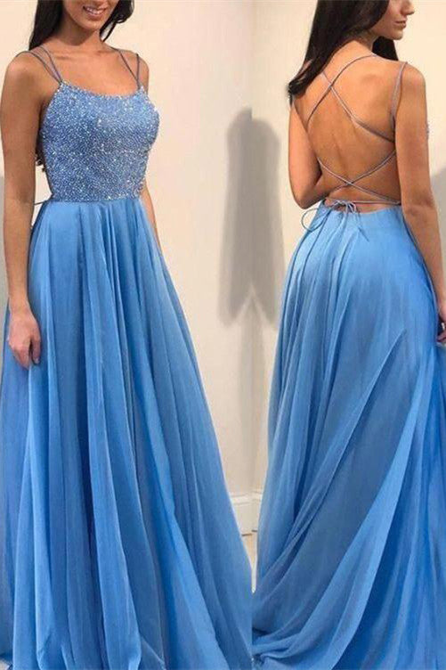A-line Spaghetti Straps Blue Long Prom Dress