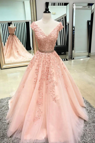 Pretty Ball Gown V-Neck Pink Appliques Tulle Long Prom Dress Evening Gowns