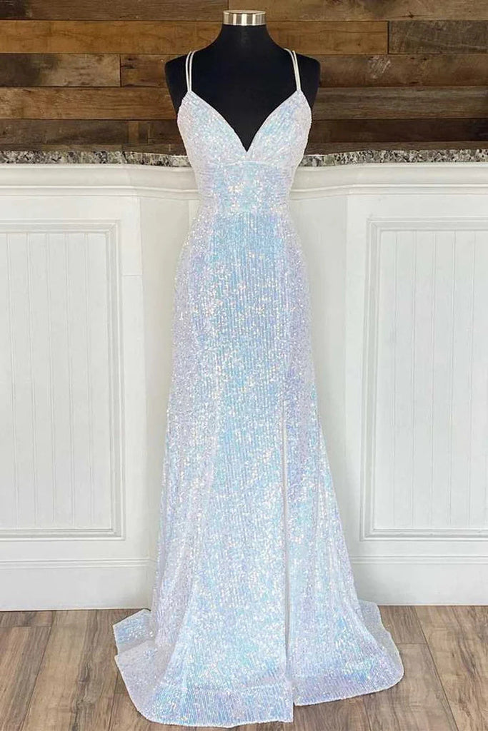 Spaghetti Straps Silver Sequin Mermaid Long Prom Dress OK2027