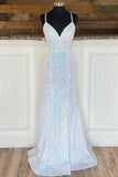 Spaghetti Straps Silver Sequin Mermaid Long Prom Dress OK2027