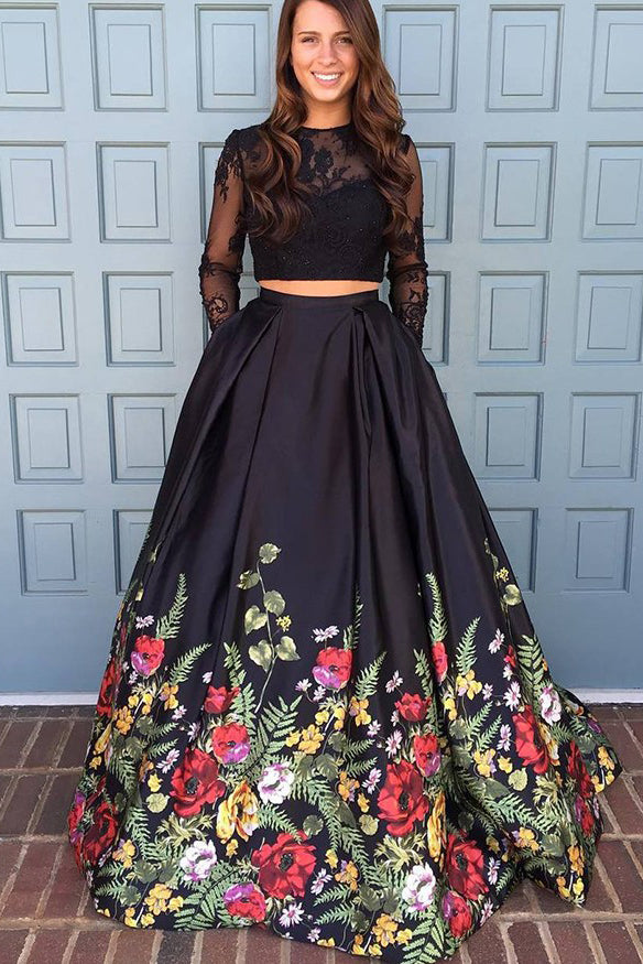 A line Two Piece Black Long Sleeve Prom Dress With Floral Print Skirt Evening Dresses PW672