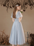 Gray Tulle Pearl Short Sleeve Tea-length Prom Dresses Bridesmaid Dresses N379