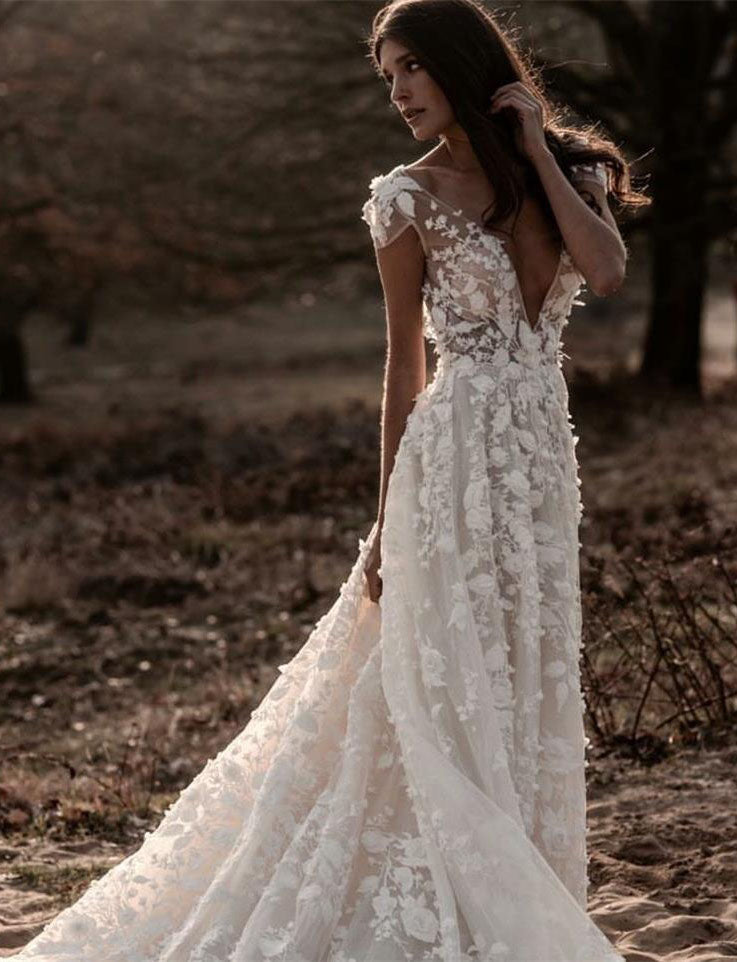 A Line Ivory V Neck Wedding Dress with Appliques, Beach Wedding Gowns ...