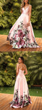 Pink A Line Satin Floral Prints Spaghetti Straps Prom Dresses OK2000