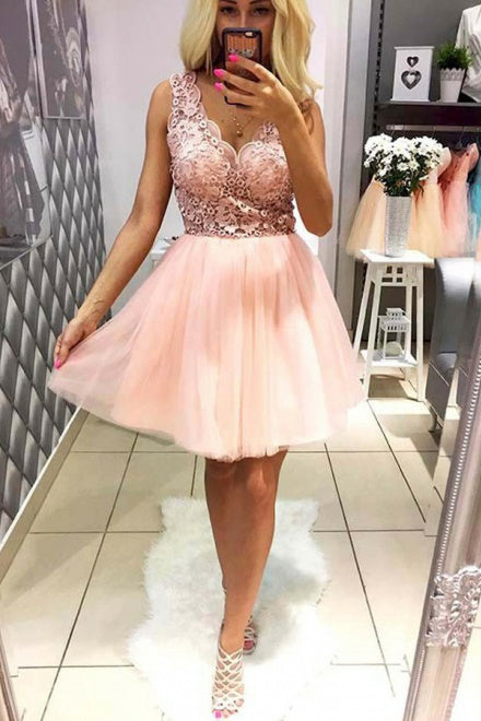 Pink Tulle V Neck Homecoming Dresses with Lace, Short Straps Cocktail Party Dresses H1120