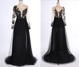 Sexy Black Long Sleeves Lace Deep High Slit V-Neck Evening Gowns
