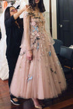 Princess A-Line Long Sleeve Blush Pink Tulle Prom Dresses with Embroidery Homecoming Dress H1135