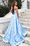 Princess A Line Strapless Blue Satin Pockets Sleeveless Prom Dresses