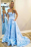 Princess A Line Strapless Blue Satin Sleeveless Prom Dresses with Pockets, Evening Dresses P1148