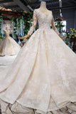 Princess Long Sleeve Beads Lace Appliques Ivory Prom Dresses, Quinceanera Dresses P1070