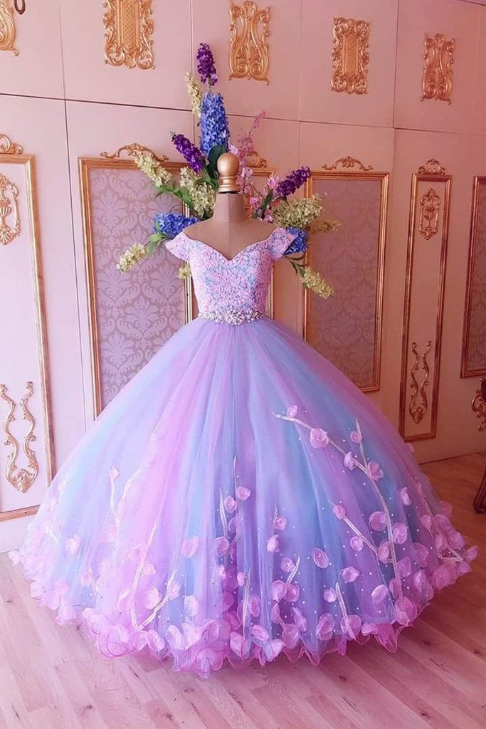 Princess Pink and Blue Ball Gown Off the Shoulder Prom Dresses,Quinceanera Dresses PW911