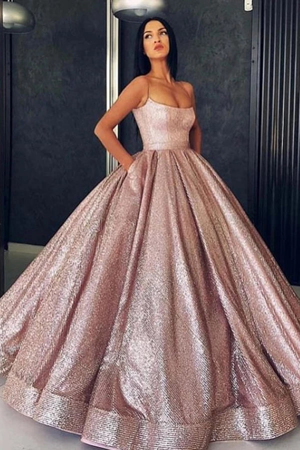 Princess Gold Rose Spaghetti Straps Sleeveless Pockets Ball Gown Prom Dresses P1140