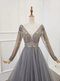 A Line Long Sleeves V Neck Gray Tulle Prom Dress with Beading Evening Dress P1430