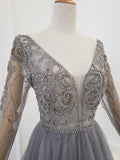 A Line Long Sleeves V Neck Gray Tulle Prom Dress with Beading Evening Dress P1430