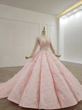 Elegant Ball Gown Pink Long Sleeves Appliques Prom Dress Quinceanera Dress P1526