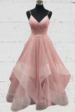 Sparkly Spaghetti Straps Pink V Neck Backless Prom Dress, Dance Dress PD10