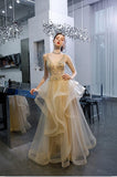 Elegant V Neck Tulle Beading Floor Length Evening Dresses, Long Prom Dresses PD15