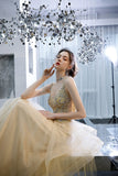 Elegant V-Neck Straps Tulle Beading Ruffles Floor Length Prom Dress PD15