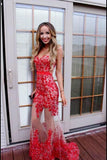 Sexy Red Lace Sweetheart See-Through Mermaid Long Homecoming Dresses Prom Dresses