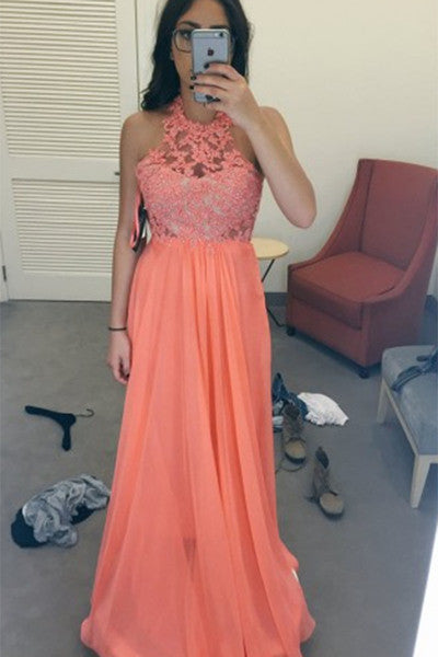 Orange Chiffon Lace Handmade Prom Dresses Evening Dresses