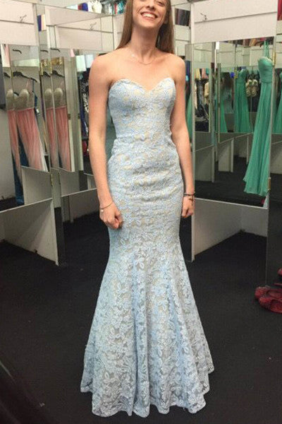 Elegant Light Blue Lace Sweetheart Mermaid Long Prom Dresses Strapless Homecoming Dresses