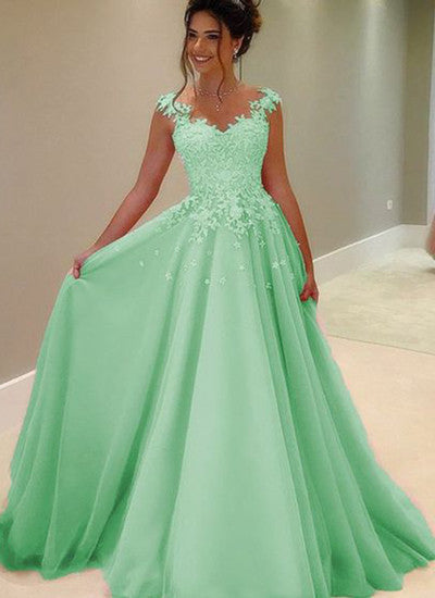 Green Tulle Lace Round Neck A Line Long Prom Dresses With Straps