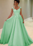 Green Tulle Lace Round Neck A Line Long Prom Dresses With Straps