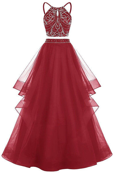 Two Pieces Straps Burgundy Beading Tulle Prom Dresses