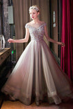 Stunning Gray Organza Sequins Beading See-Through Off-Shoulder Ball Gown Dresses Prom Dresses