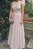 Elegant Chiffon Lace Round Neck Sequins Evening Dresses Long Prom Dresses