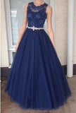 Royal Blue Tulle A Line Lace Round Neck See-Through Long Prom Dress Formal Dress