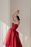 Strapless Satin A-Line Prom Dresses Red Graduation Dresses N371