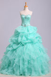 Ball Gown Sweetheart Organza Beads Lace up Ruffles Tiffany Blue Prom Quinceanera Dresses PW178
