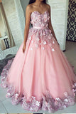 Ball Gown Pink Tulle Lace Applique Long Sweetheart Strapless Prom Dresses,Evening Dresses PW255