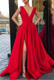 Red A Line Deep V Neck Split Prom Dresses with Pockets Strap High Slit Evening Dress PW481