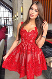 Red A Line Straps Homecoming Dress for Teens with Appliques, Appliqued Prom Dress H1309