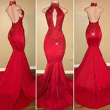 Red Mermaid High Neck Backless Satin Prom Dress Long Evening Dress PW909