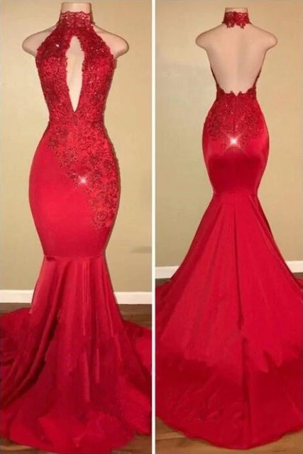 Red Mermaid High Neck Backless Satin Prom Dresses, Long Cheap Evening Dresses PW909